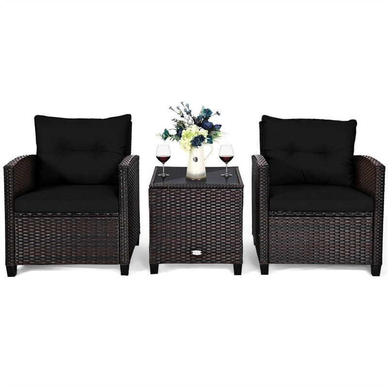 3 Pcs Rattan Patio Conversation Set Outdoor Wicker Sofa Set with Washable Cushions & Coffee Table