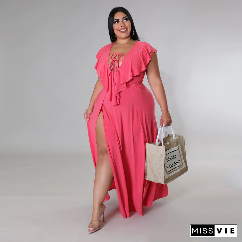 V Neck Sleeveless High Split Plus Size Dresses