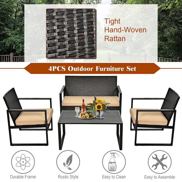 Costway 4pcs Patio Rattan Furniture Set Cushioned Sofa Coffee Table Garden Deck Brown