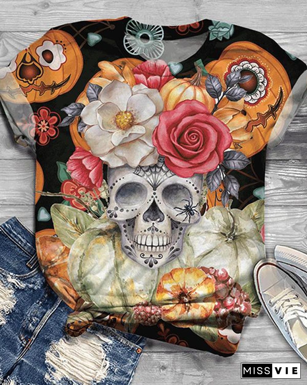 Women Plus Size Halloween Skull Flower Print Short Sleeve T-Shirts