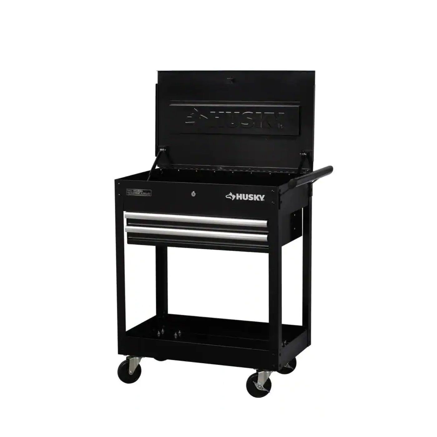 Husky 28 in. W x 16.3 in. D Standard Duty 2-Drawer Rolling Tool Utility Cart With Lift-Top in Gloss Black