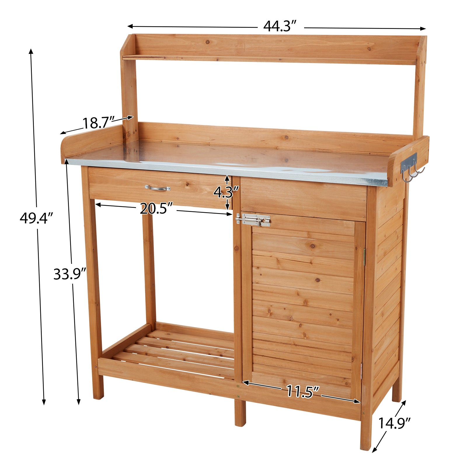 AVAWING Outdoor Potting Bench Table, Garden Work Station with Metal Tabletop, Cabinet, Sliding Drawer, Open Shelf Natural Fir Wood