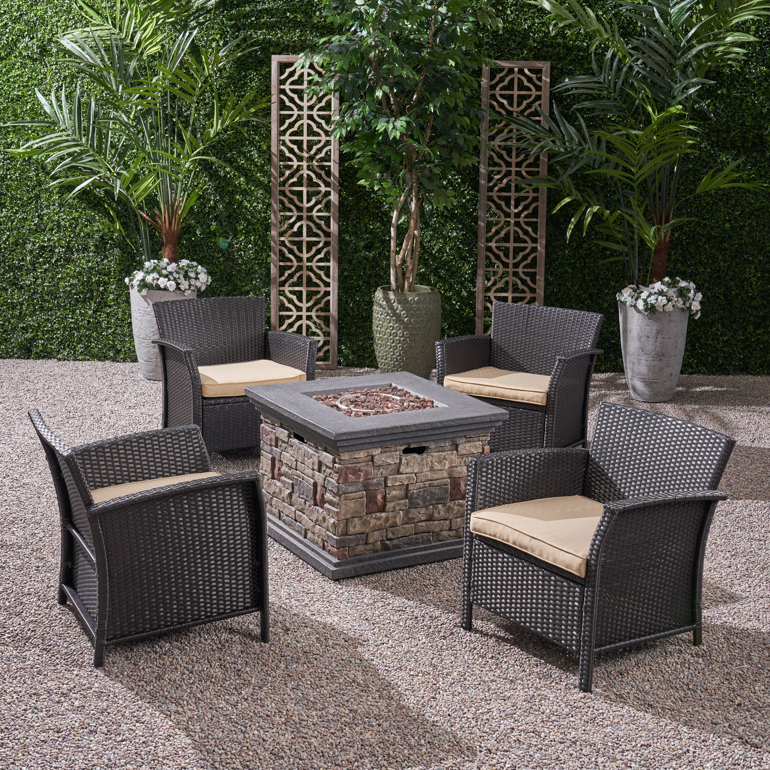 Laiah Outdoor 4 Piece Wicker Club Chair Chat Set with Fire Pit