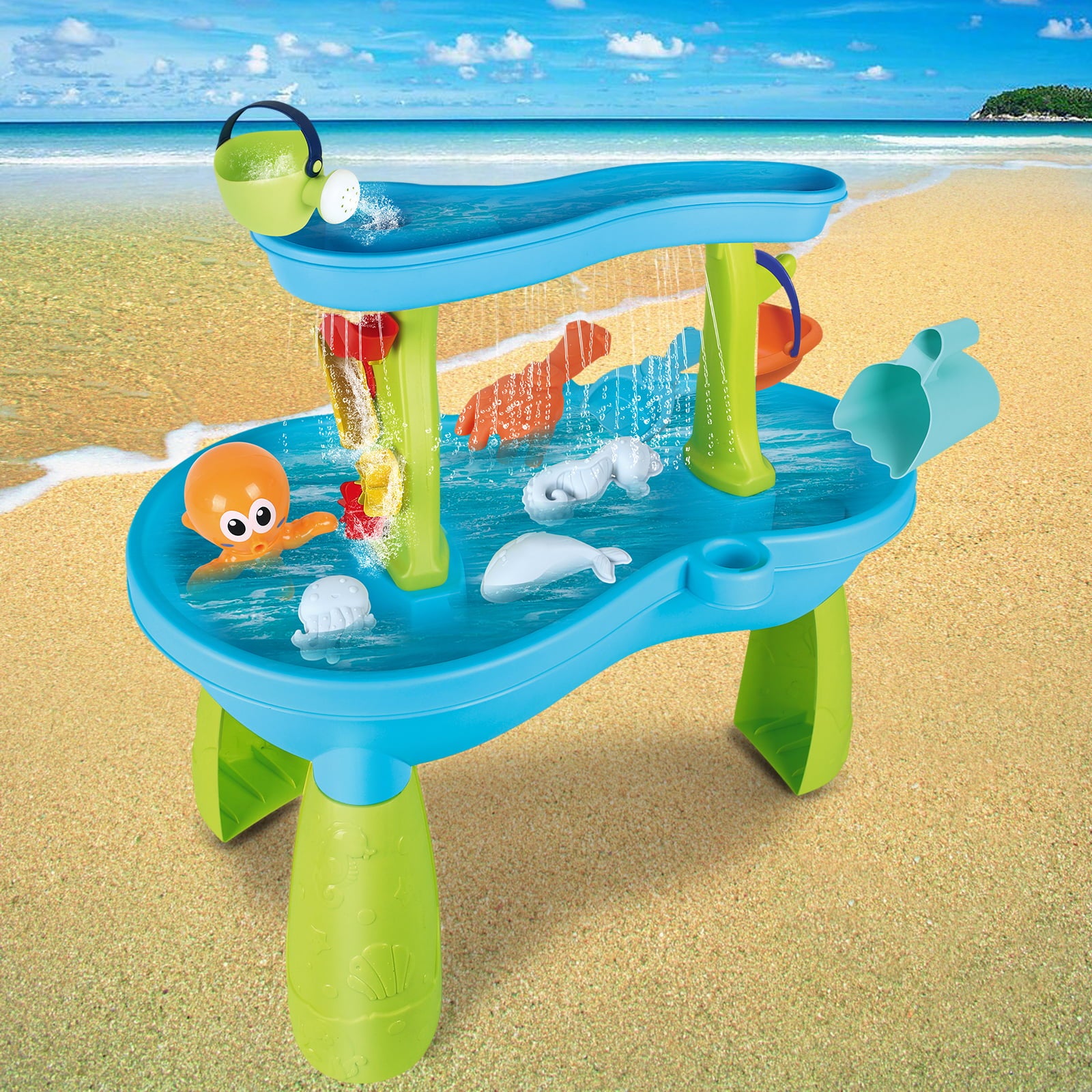 HopeRock Water Activity Table  for Toddlers,2-Tier Rain Showers Splash Pond Water Table Beach Summer Outdoor Toys for Toddlers 1-3