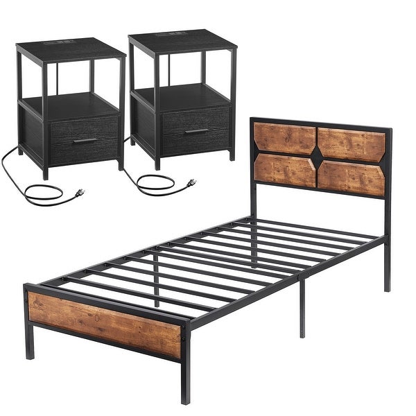 Industrial 3-Piece Vintage Brown Bed Frame and Charging Station USB Port Nightstands Set of 2 - - 36685886