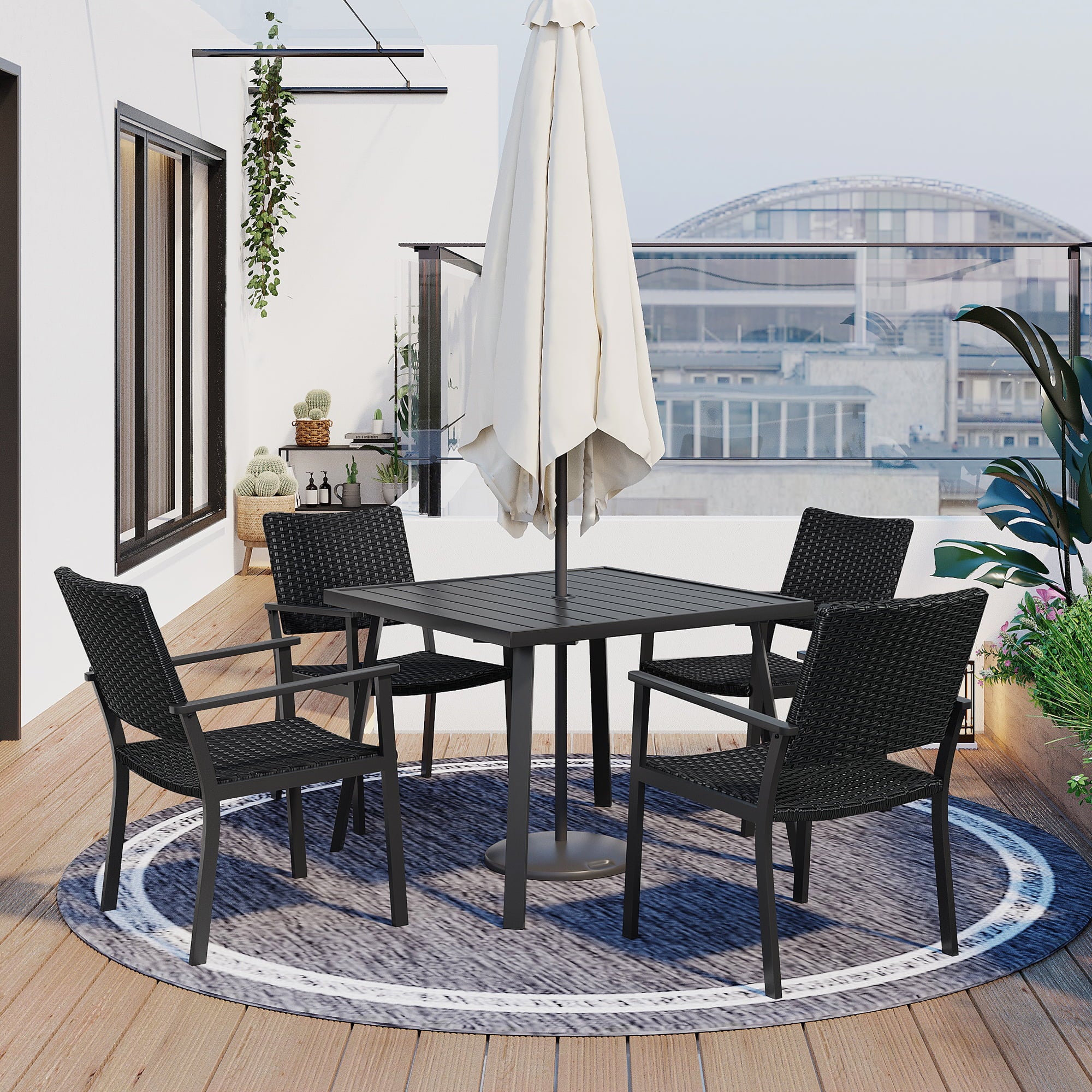 5 Piece Outdoor Patio Dining Sets, BTMWAY Outdoor Dining Table Furniture Set with Umbrella Hole and 4 Dining Chairs, Wicker Patio Furniture Set for Backyard Garden Balcony Deck Yard, Black Rattan