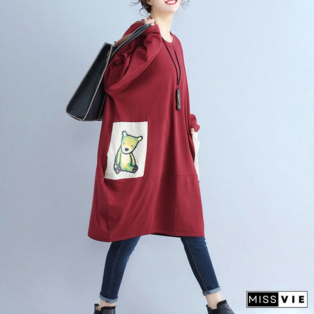 solid cotton pockets prints burgundy casual dresses oversize o neck mid dress