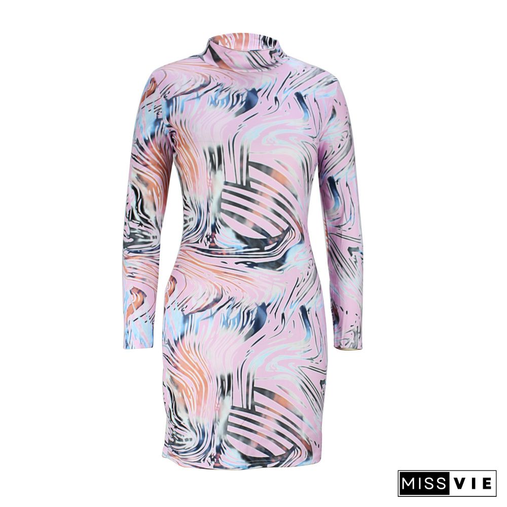 Abstract print Long Sleeve O Neck Pencil Dress