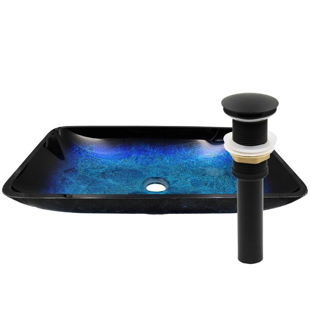 Novatto Fresca Glass Vessel Sink in Blue and Black with Pop-Up Drain in Matte Black NOHP-G19034MB