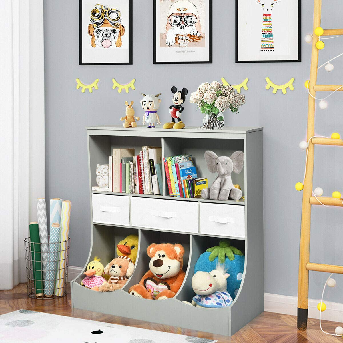 3-Tier Kids Bookcase Toddler Storage Organizer Cabinet Shelf w/ 8 Compartment Box and 3 Removable Drawers for Children