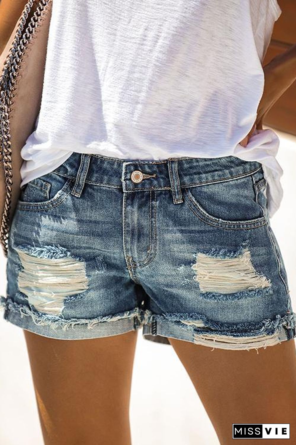 Distressed Cuffed Denim Shorts