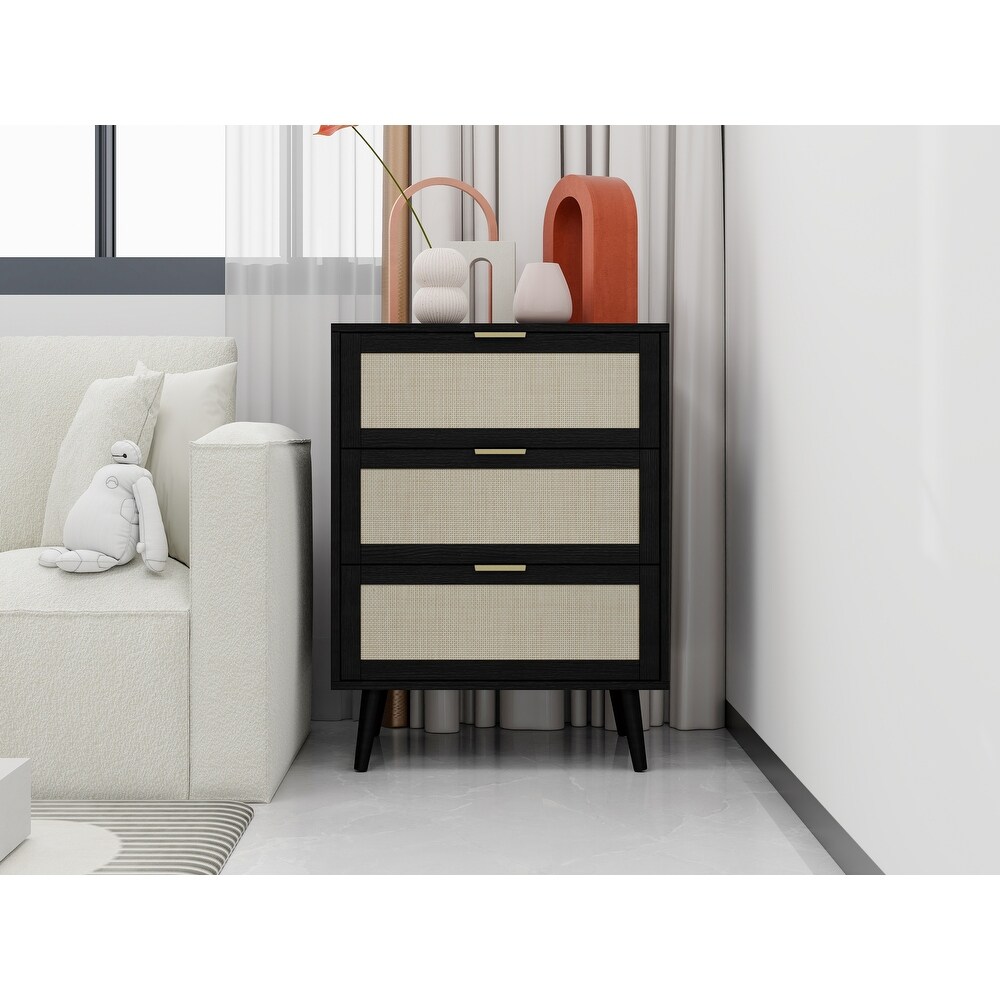 3 Tier Storage Nightstand Dresser with 3 Rattan Drawers for Bedroom Portable Bedside Table Accent Sideboard Cabinet  Black