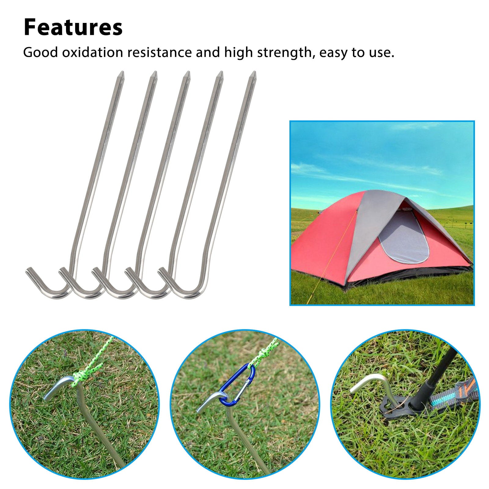 TSV Aluminium Tent Stakes Pegs with Hook, 10Pcs Heavy Duty Stakes Nail Spike Garden Stakes Camping Pegs for Pitching Camping Tent, Canopies