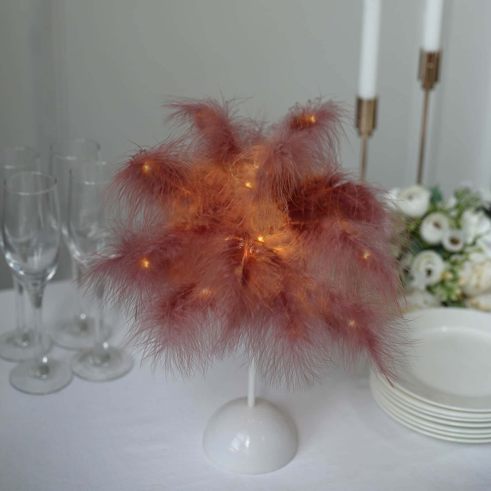 LED Cinnamon Rose Feather Table Lamp Desk Light, Battery Operated Cordless Wedding Centerpiece 15