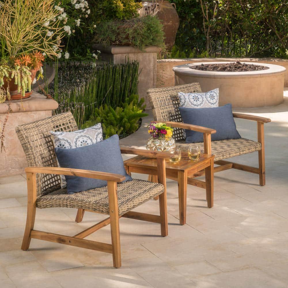 Noble House 2Piece Wood and Faux Rattan Patio Seating Set