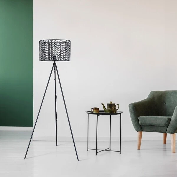 Roisin River of Goods Black Metal Cage-Shade 61-Inch Tripod Base Floor Lamp - 27.25