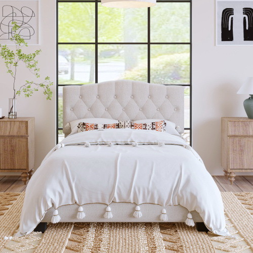 Upholstered Platform Bed with Saddle Curved Headbo...