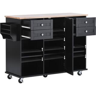 kitchen Island Cart with Spice Rac Towel Rack Drawer Rubber Wood Desktop 5 Wheels Including 4 Lockable Wheels In Black KITCHENBLACK07