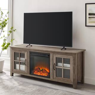 Welwick Designs 58 in. Grey Wash Wood and Glass Transitional 2-Door Windowpane Fireplace TV Stand Fits TVs up to 65 in. HD9150