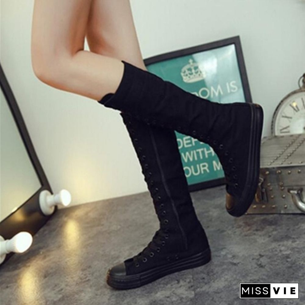 Women Motorcycle Flat Tall Punk Shoes Hot Sale Womens Knee High Boots Ladies Canvas Lace Up Zipper Boots Autumn Woman Shoe