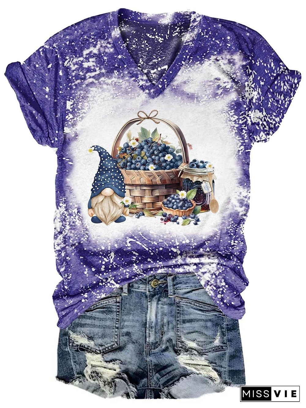 Blueberry Jam Gnome Tie Dye V Neck T-Shirt