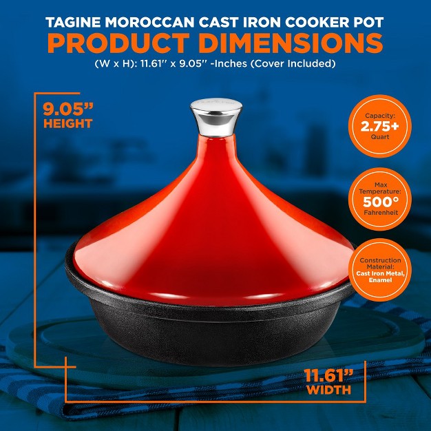 Nutrichef Nutrichefkitchen Tagine Moroccan Cooker 2 75 quart Cooking Pot With Stainless Steel Knob Base And Cone shaped