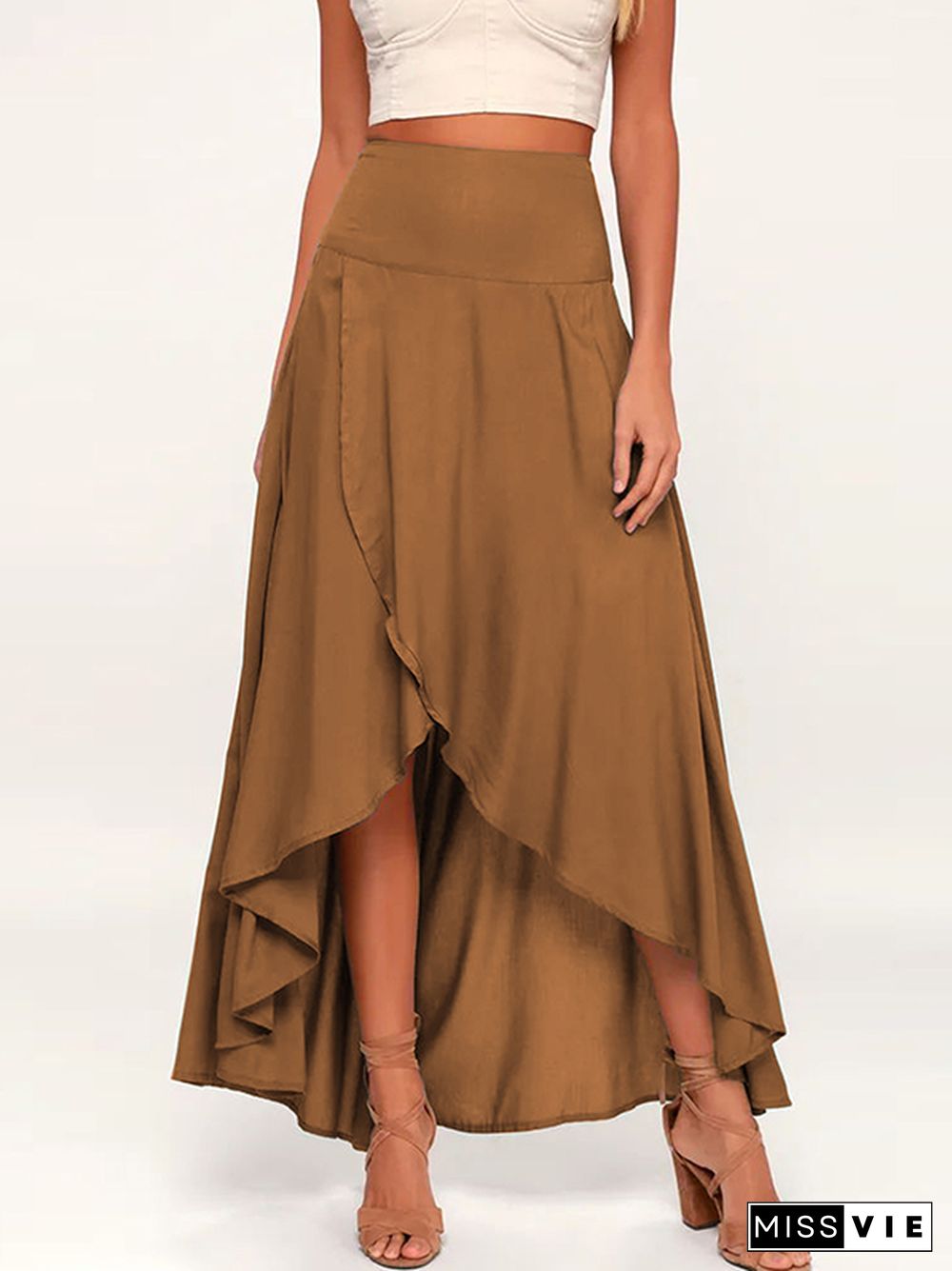 Simple  Asymmetric Split-Front Falbala Solid Color  Skirts Bottoms