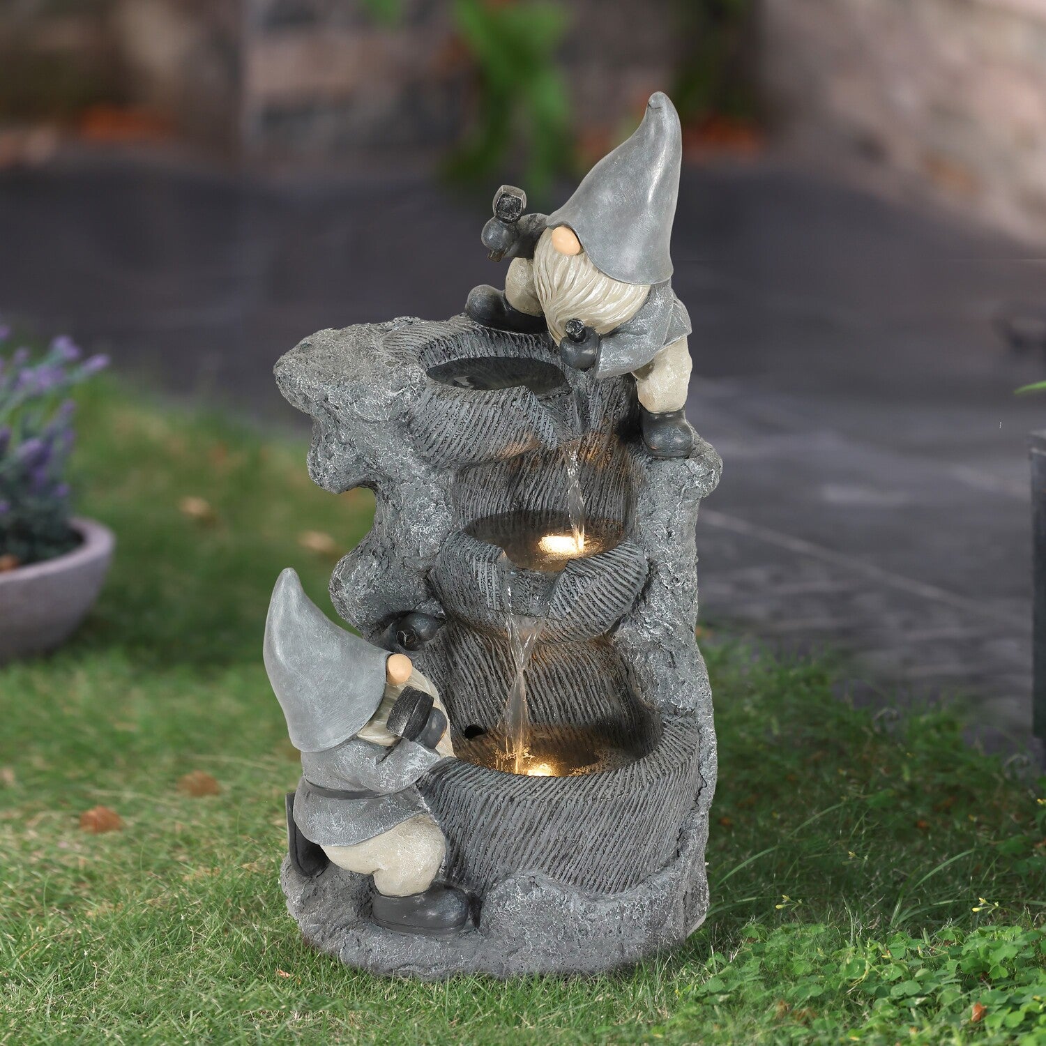 LuxenHome Gray Resin Gnomes Rock Bowl Outdoor Fountain with LED Lights