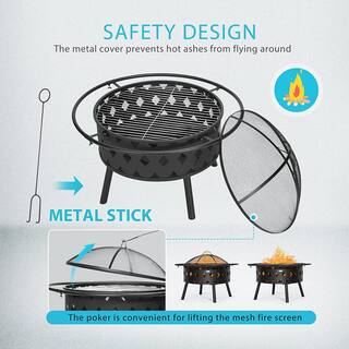 VIVOHOME 37.8 in. x 21.4 in. Round Iron Wood Fire Pit with Spark Screen Round Grill Grid Poker and Fireplace Cover (6-Piece) X002XH0CG1