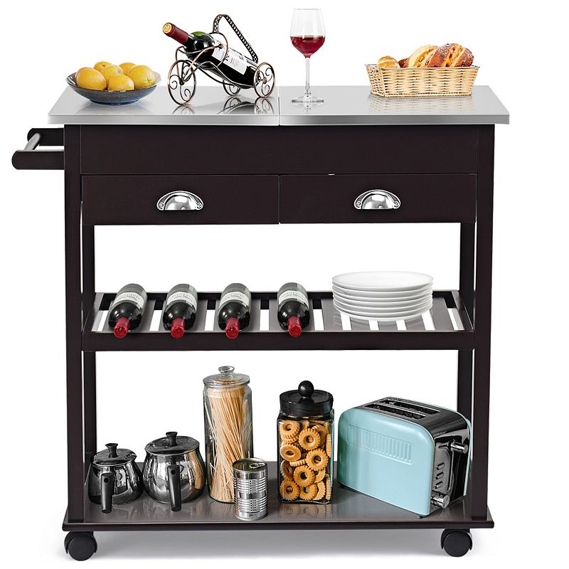 Stainless Steel Mobile Kitchen Trolley Cart With Drawers and Casters-Brown