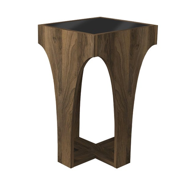 23 Inch Rectangular Glass Top Side Table， Chiseled Arch Panel Legs， Walnut， Smokey Black