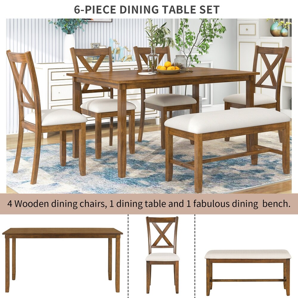 6 Piece Kitchen Dining Table Set Wooden Rectangular Dining Table