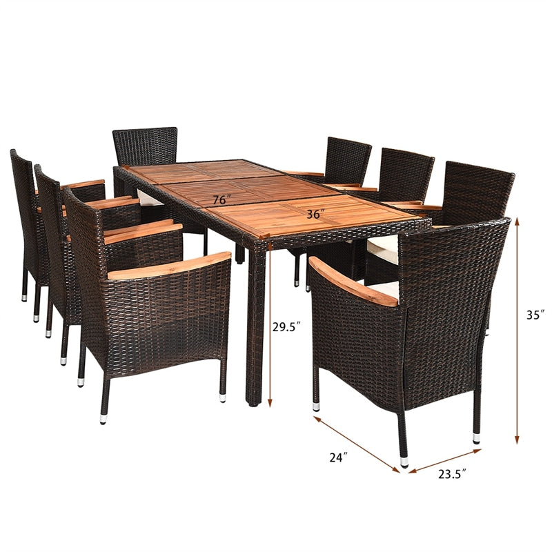 9 Pcs Rattan Patio Dining Set with Acacia Wood Tabletop & Cushioned Stackable Armchairs