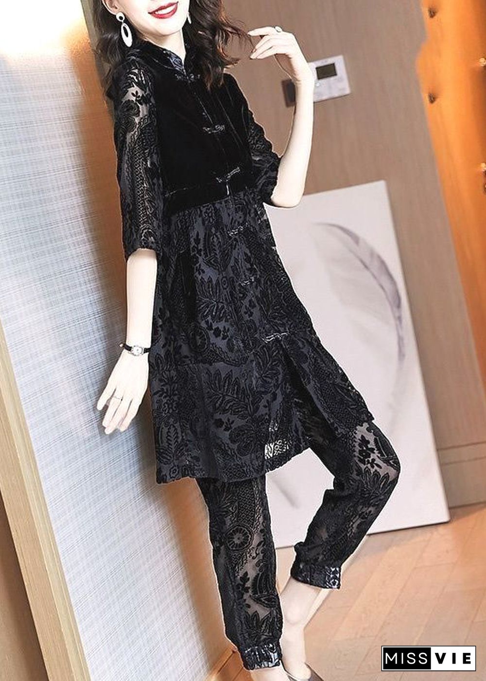 Chinese Style Black Stand Collar Asymmetrical Lace Dress And Crop Pants Two Piece Set Fall