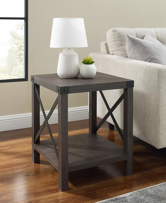 Walker Edison Farmhouse Metal-X Accent Table with Lower Shelf