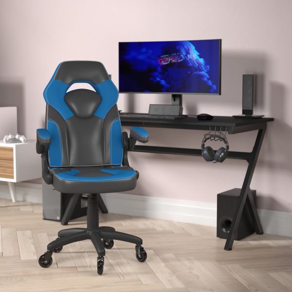 X10 Gaming Chair Racing Office Computer PC Adjustable Chair with Flip-up Arms and Transparent Roller Wheels， Blue/Black LeatherSoft