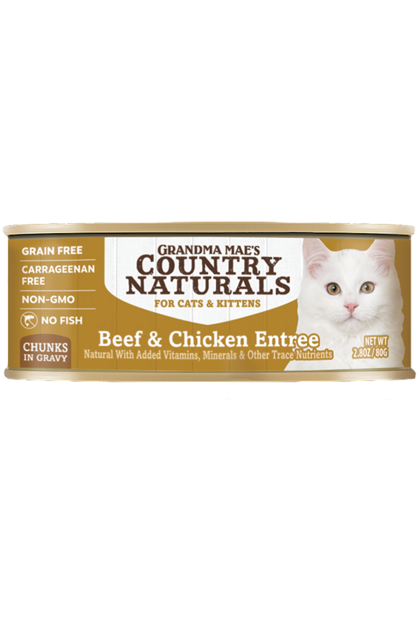 Grandma Mae's Country Naturals Grain Free Beef and Chicken Dinner Canned Cat and Kitten Food， 2.8oz.