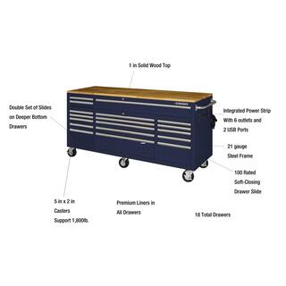 Husky 72 in. W x 24 in. D Standard Duty 18-Drawer Mobile Workbench Tool Chest with Solid Wood Top in Gloss Blue HOTC7218B31M