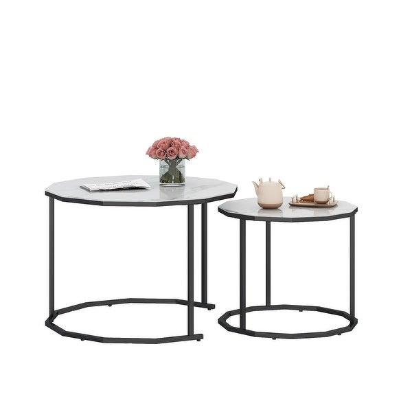 Nesting Coffee Table / End table with 12-sided Artificial Marble Top and Metal Legs