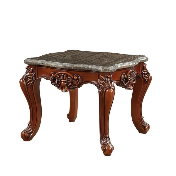 30 Inch Classic Square Marble Top End Table， Cabriole Legs， Gray， Brown