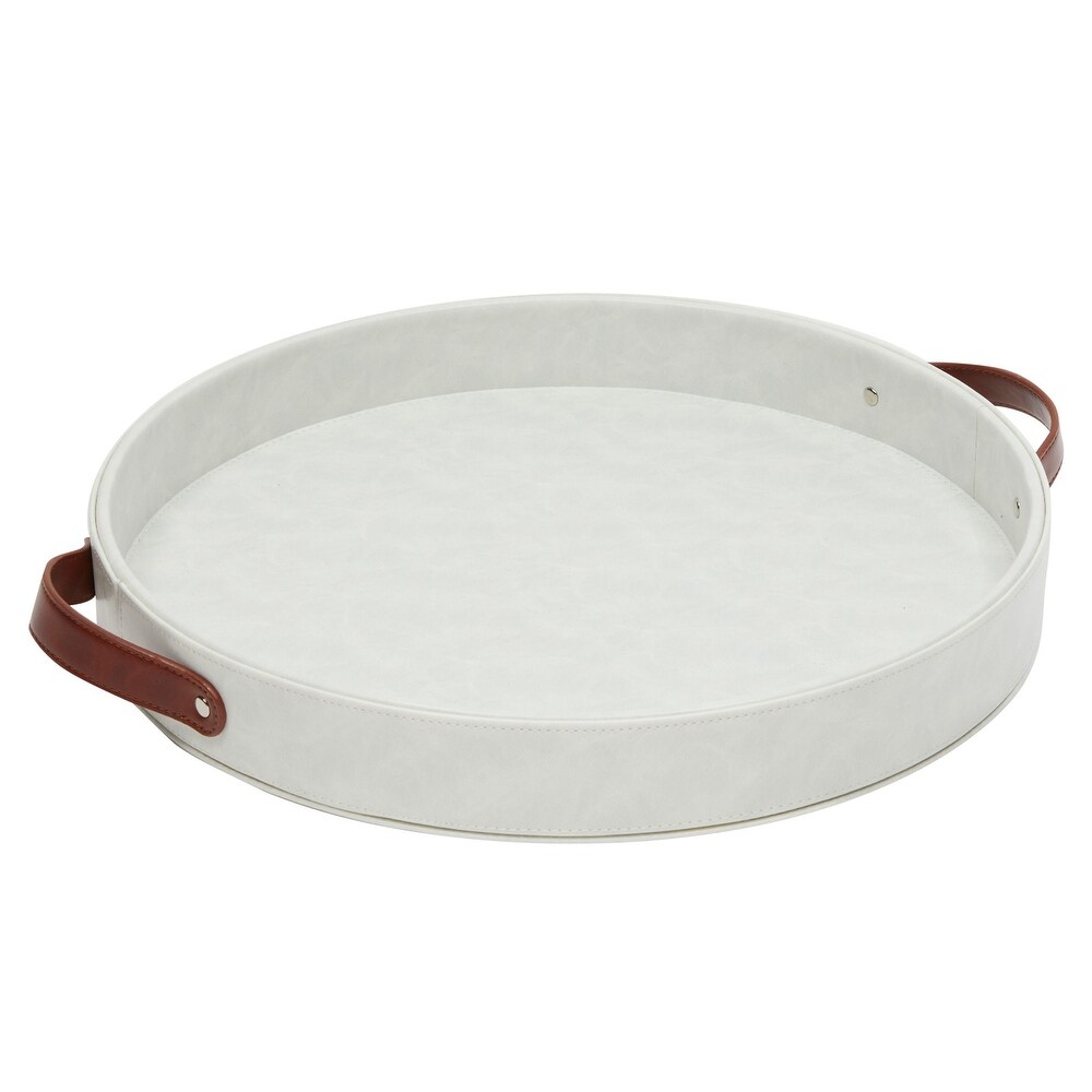 Faux Leather Round Serving Tray with Handles for Coffee Table and Ottoman (White  14.5 x 2 In)