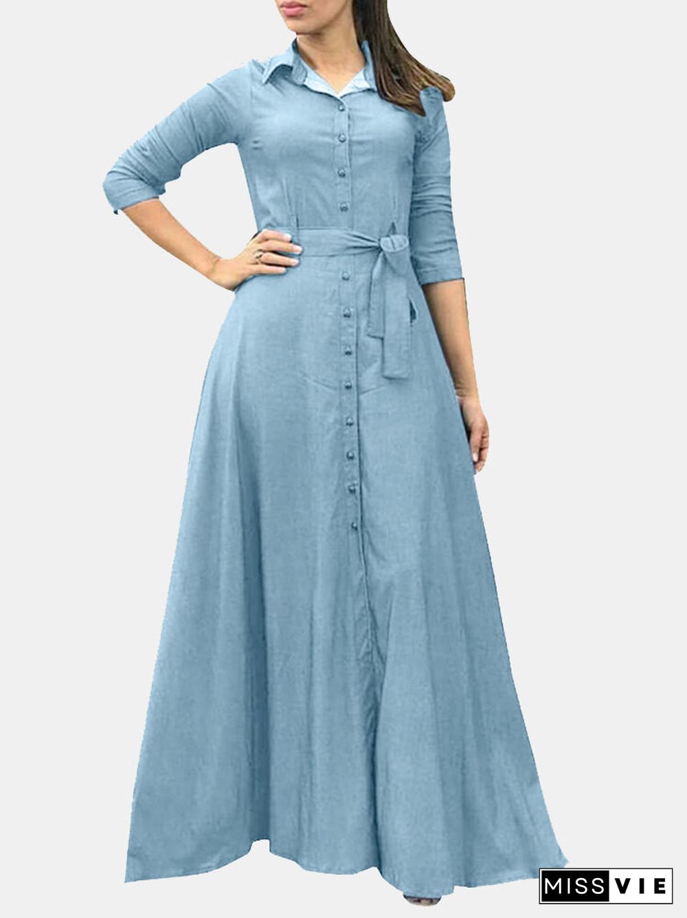 Solid Button Front Lapel 3/4 Sleeve Maxi Shirt Dress