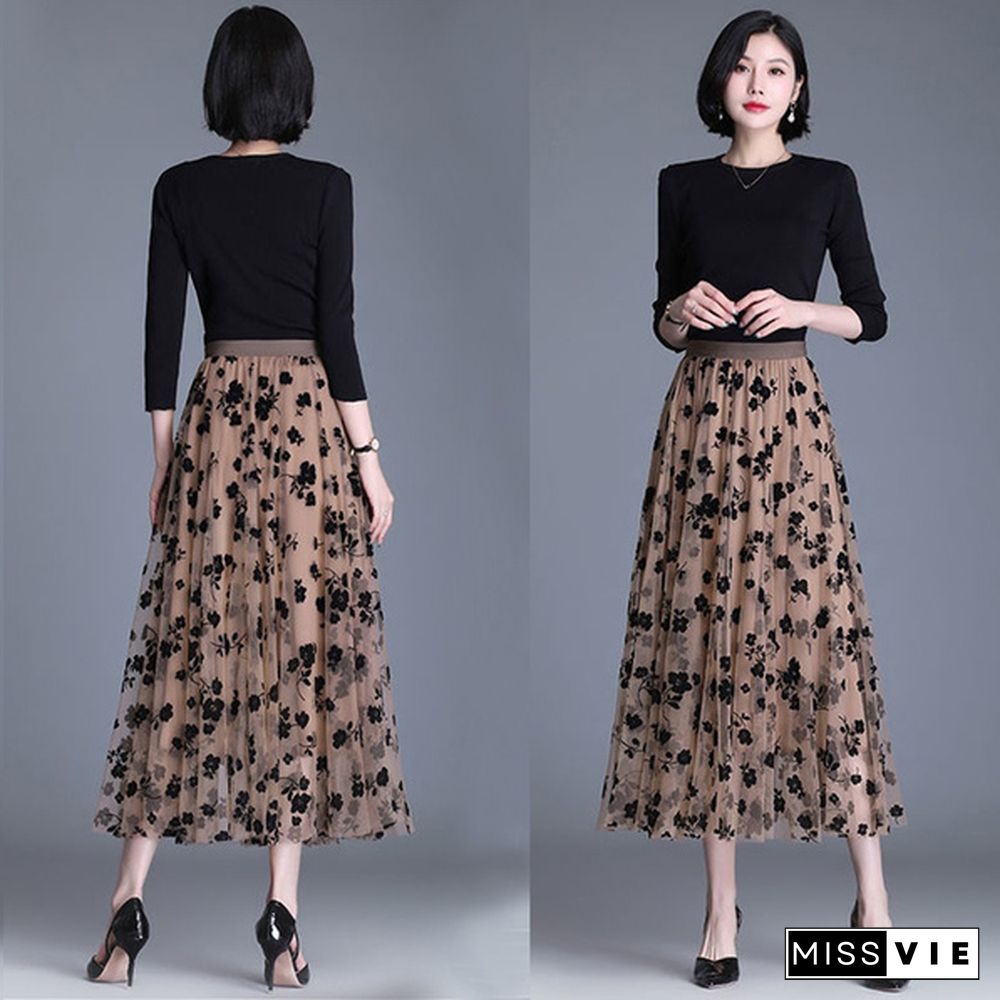 Wome Lace Long Skirt High Waist Tulle Skirts Ladies Summer Casual Loose Elegant Maxi Skirts