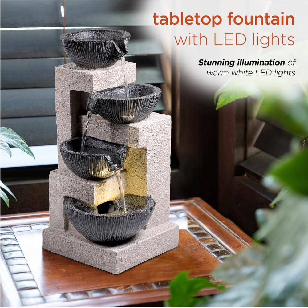 Alpine Corporation 14 in. Tall Cascading Tabletop Bowl Fountain Decoration with LED Lights, Gray WIN1578