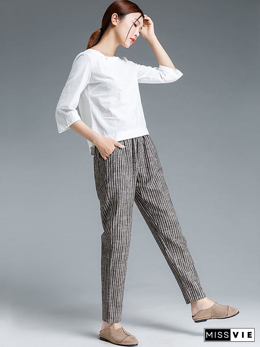 Plus Size Buykud Stripe Cotton Linen Women Pants