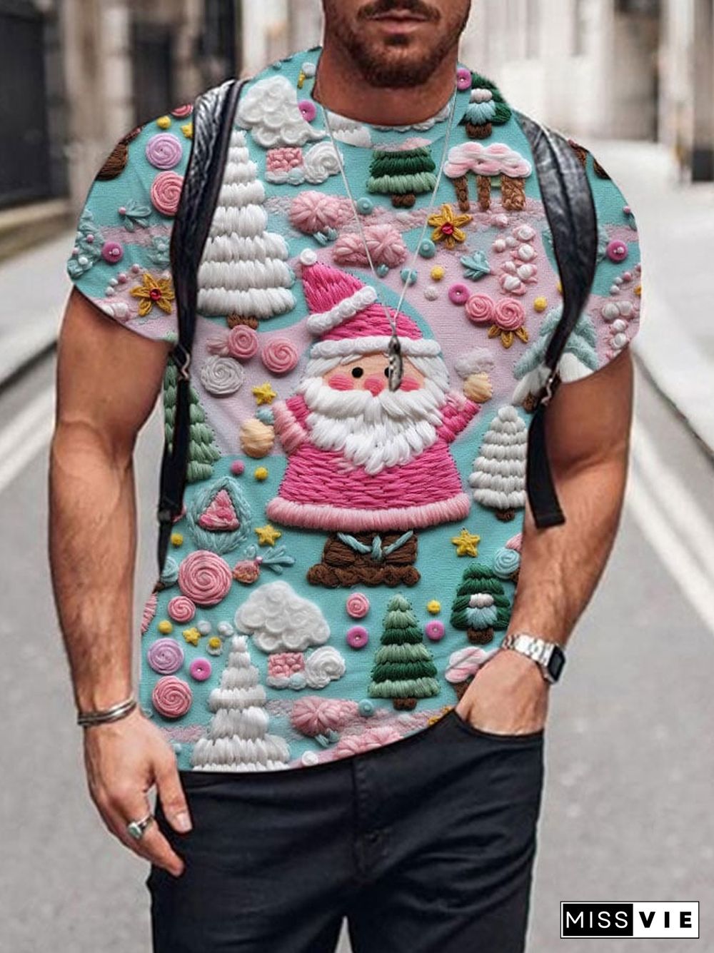 Men's Pink Santa Print Casual T-Shirt