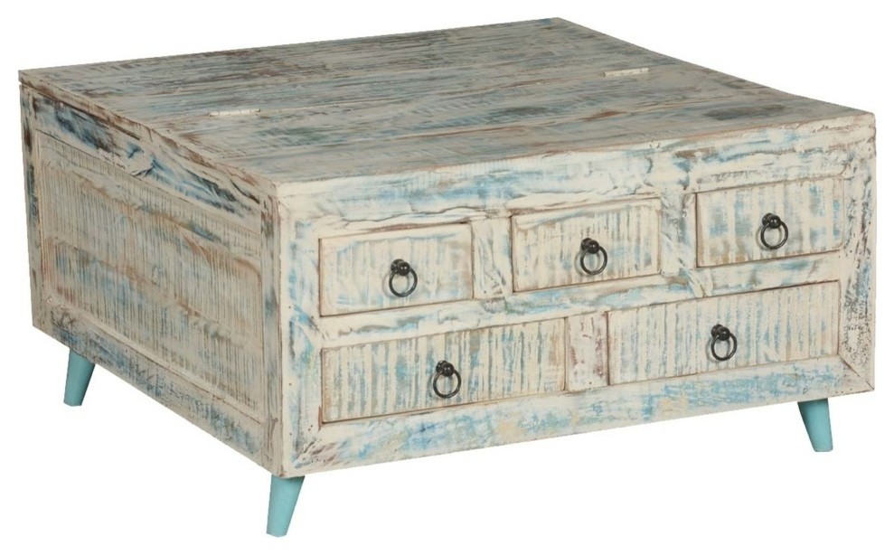 Vernon White Washed Reclaimed Wood Square Coffee Table 5 Drawer Chest   Farmhouse   Coffee Tables   by Sierra Living Concepts Inc  Houzz