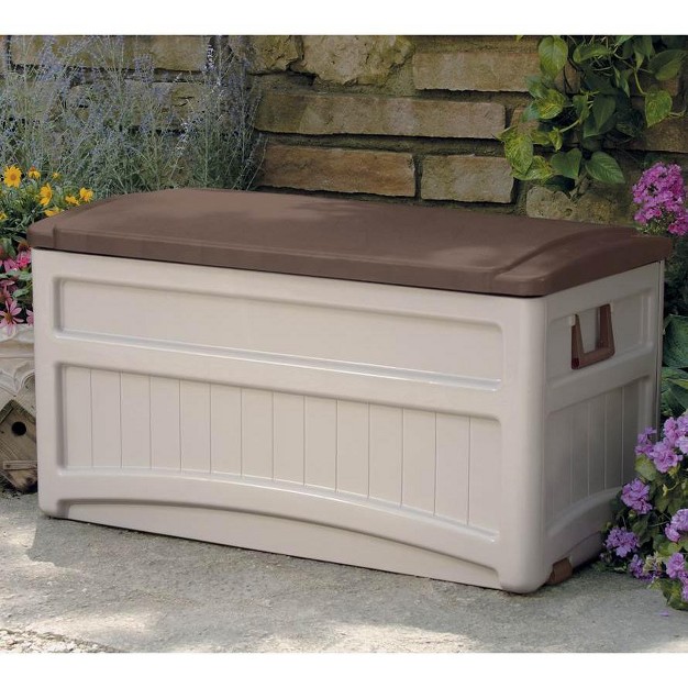 Suncast 73 Gallon Outdoor Patio Resin Deck Storage Box W Wheels Taupe 2 Pack