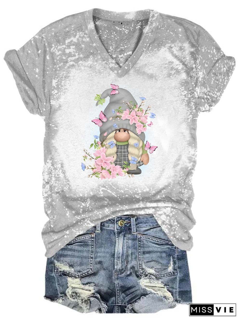 Floral Gnome Tie Dye V Neck T-shirt