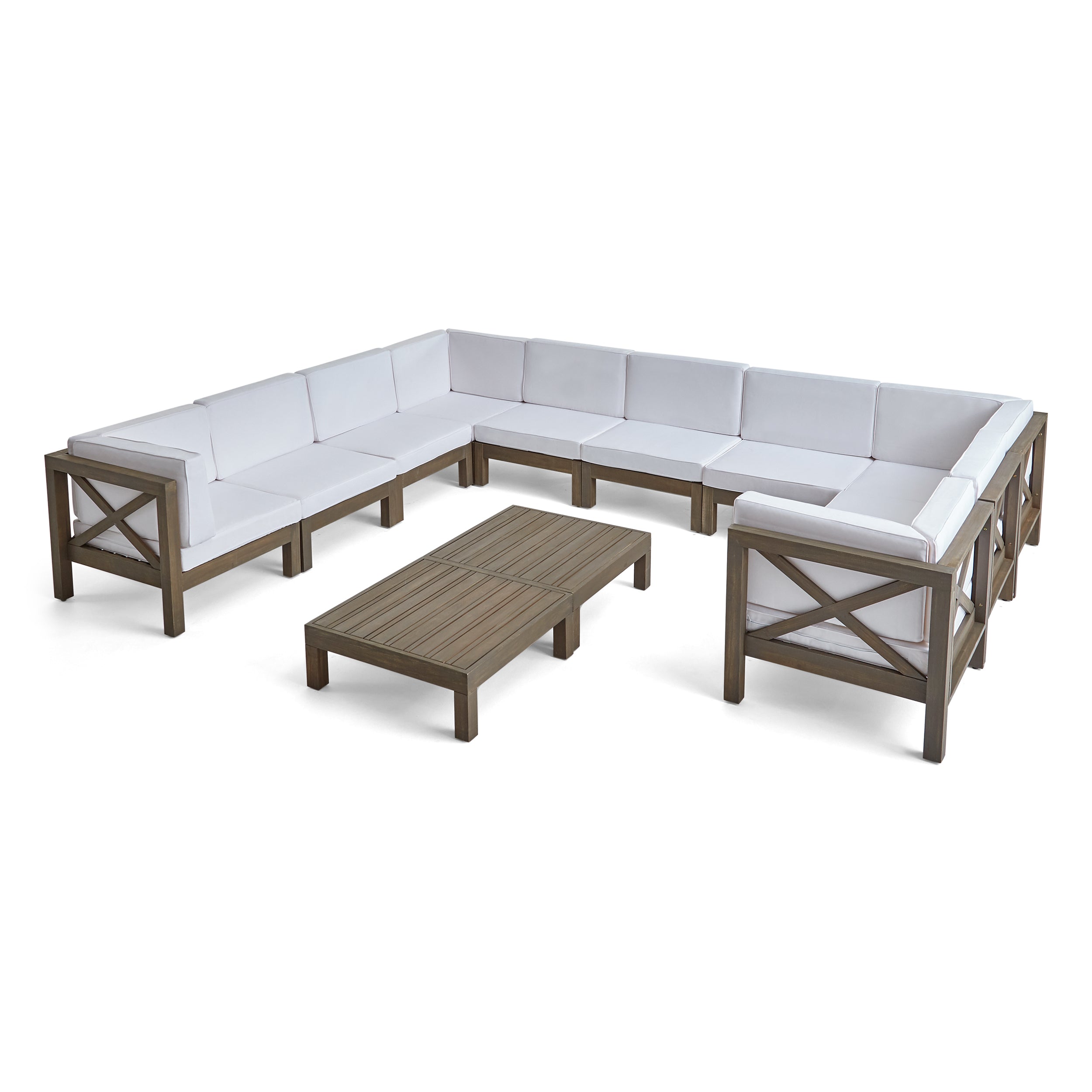 Cynthia Outdoor Acacia Wood 10 Seater U-Shaped Sectional Sofa Set with Two Coffee Tables